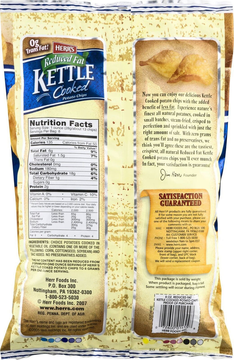 Herr's Reduced Fat Kettle Cooked Potato Chips - 8 Oz. (3 Bags)