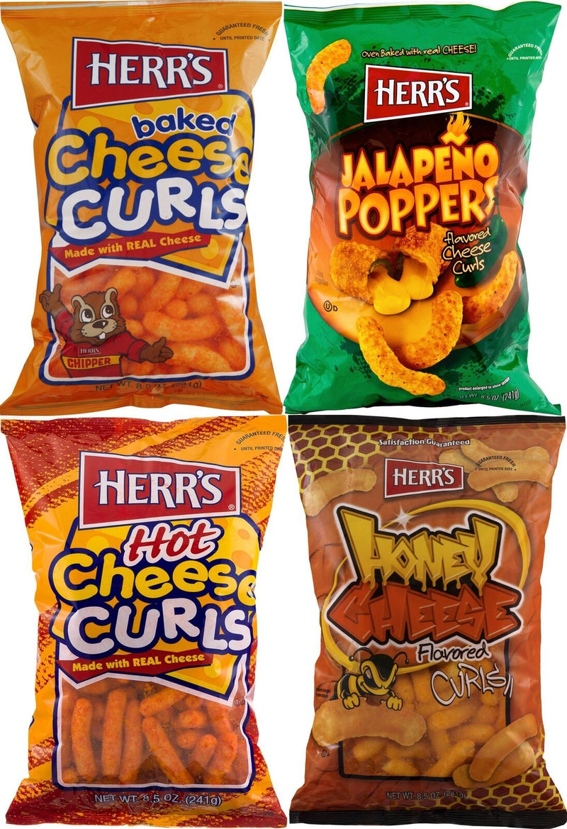 Herr's Cheese Curls, Hot Curls, Honey Curls & Jalapeno Poppers Variety 4-Pack