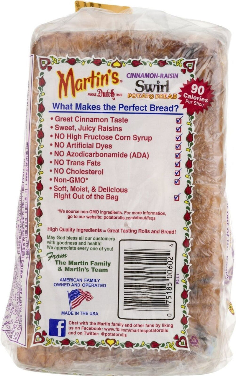 Martin's Famous Pastry Cinnamon Raisin Swirl Potato Bread- 16 oz. Four Loaves