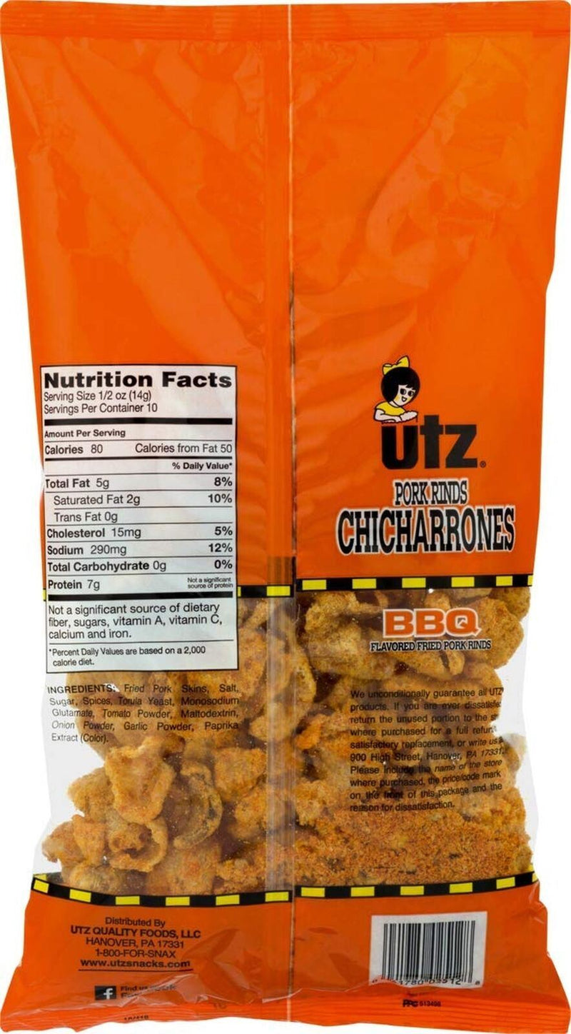 Utz Quality Foods BBQ Fried Pork Rinds Keto Friendly Snack, Light and Airy Chicharrones- Case Pack of 12/ 5 oz. Bags