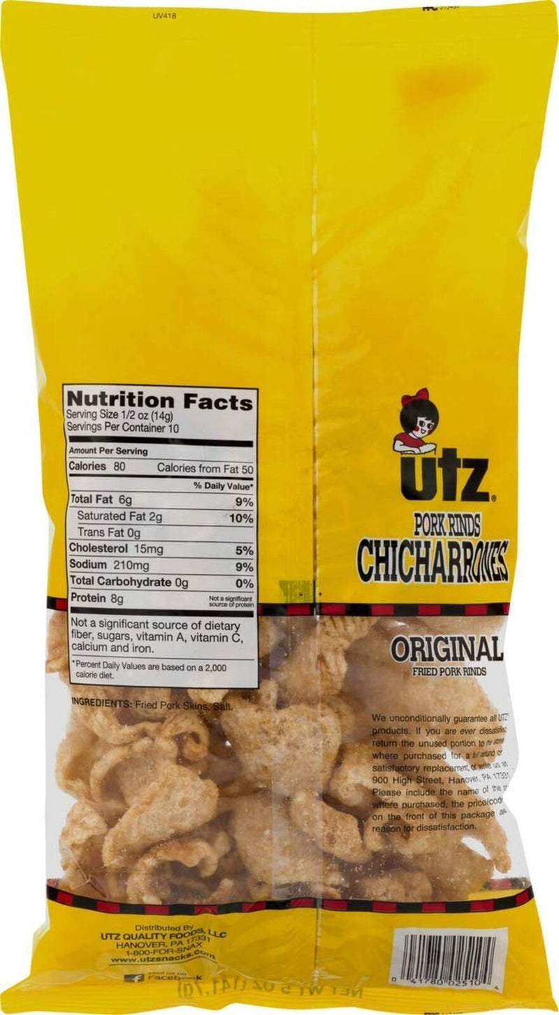 Utz Quality Foods Original Fried Pork Rinds, Keto Friendly Snack, Light and Airy Chicharrones- Case Pack of 12/5 oz. Bags
