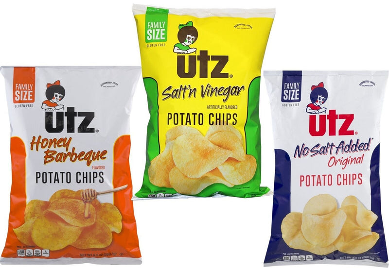 Utz Quality Foods Honey BBQ, Salt'n Vinegar & No Salt Family Size Potato Chip Variety 3-Pack
