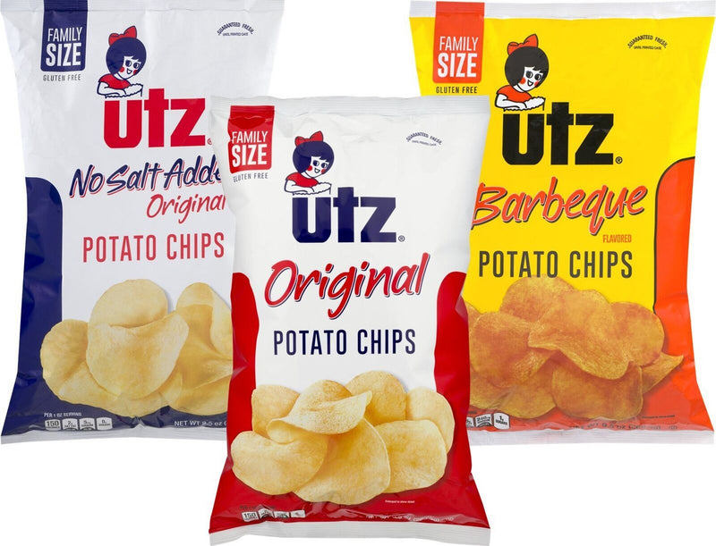 Utz Quality Foods Family Size Variety 3-Pack Potato Chips,Original, No Salt, BBQ Ripple