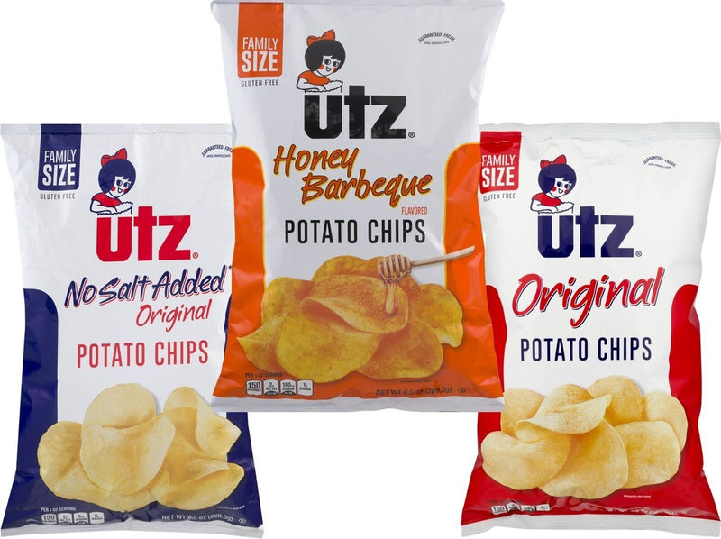 Utz Quality Foods No Salt, Honey BBQ & Famous Original Family Size Potato Chip Variety 3-Pack