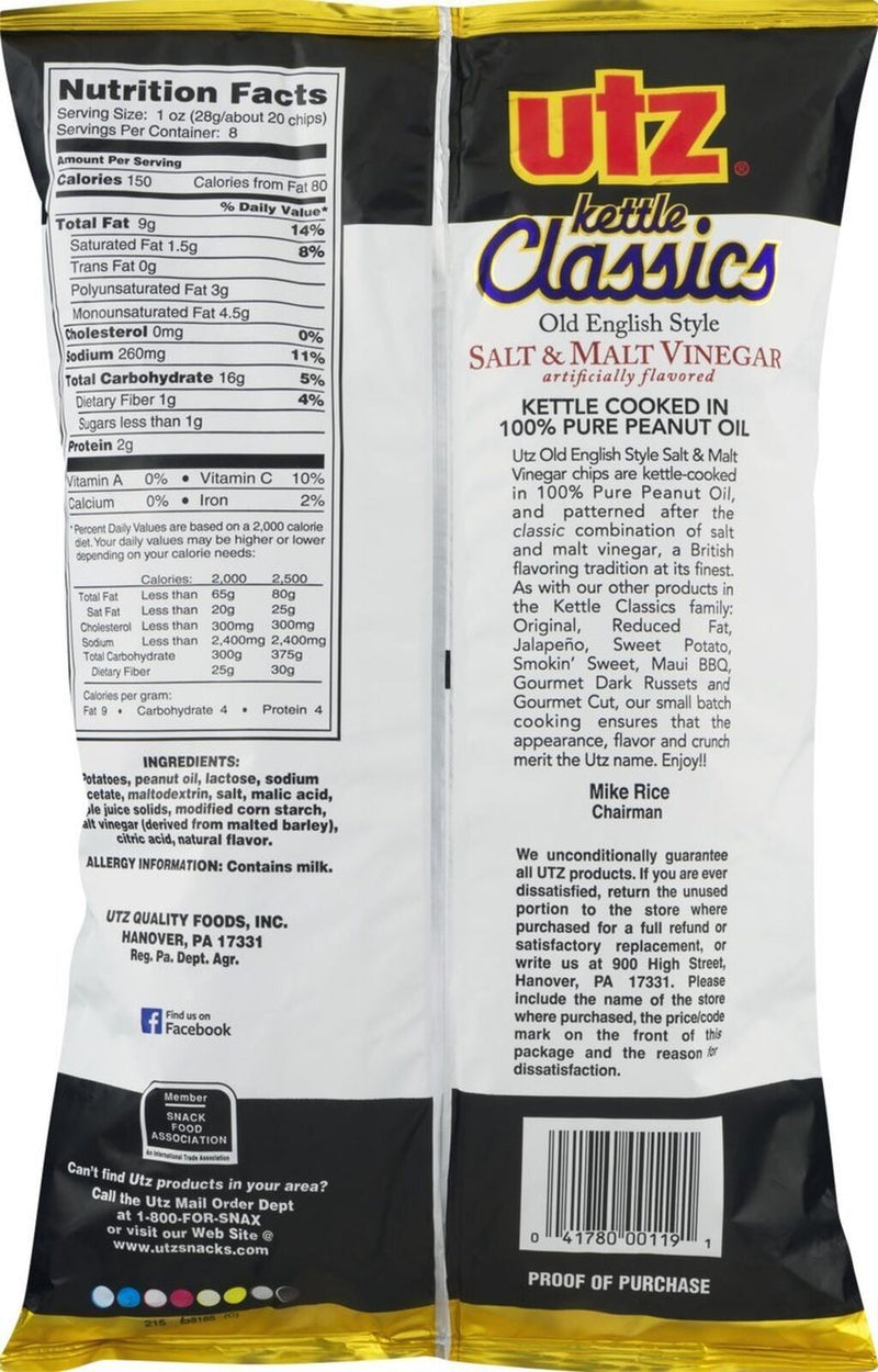 Utz Kettle Classics Salt & Malt Vinegar Crunchy Potato Chips, 3-Pack 8 oz. Bags