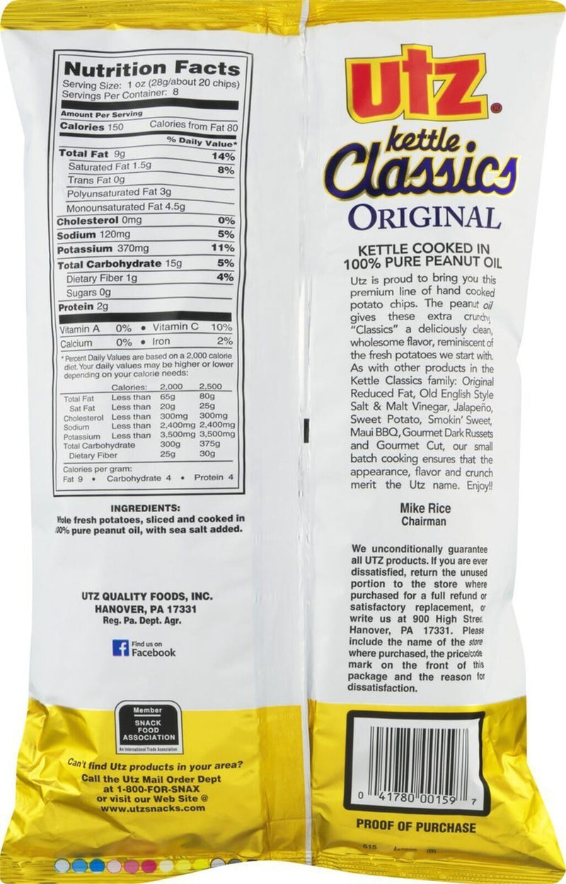 Utz Kettle Classics Original Crunchy Potato Chips, 4-Pack 8 oz. Bags