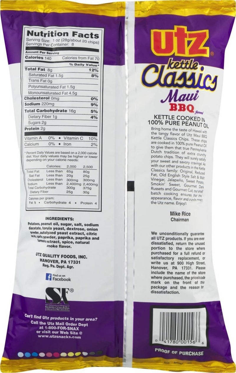 Utz Kettle Classics Maui BBQ Crunchy Potato Chips, 4-Pack 8 oz. Bags