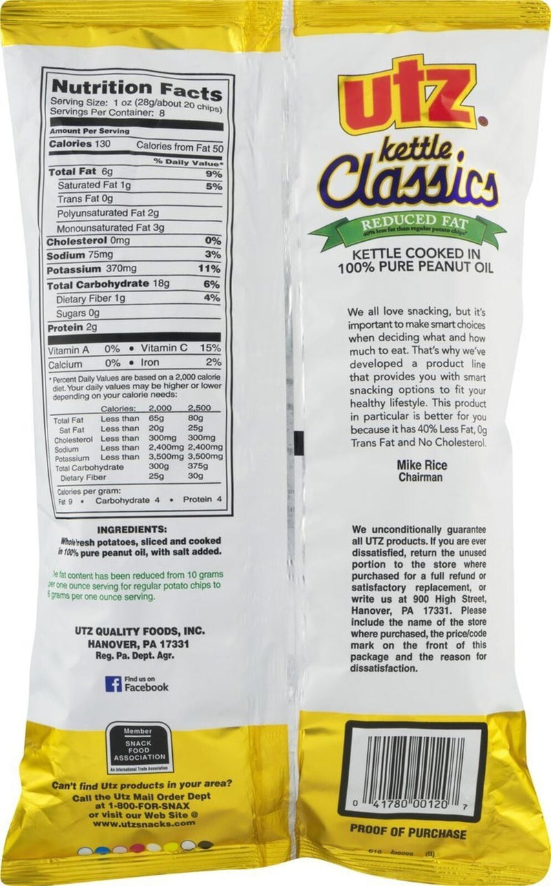 Utz Kettle Classics Reduced Fat Crunchy Potato Chips, 3-Pack 8 oz. Bag