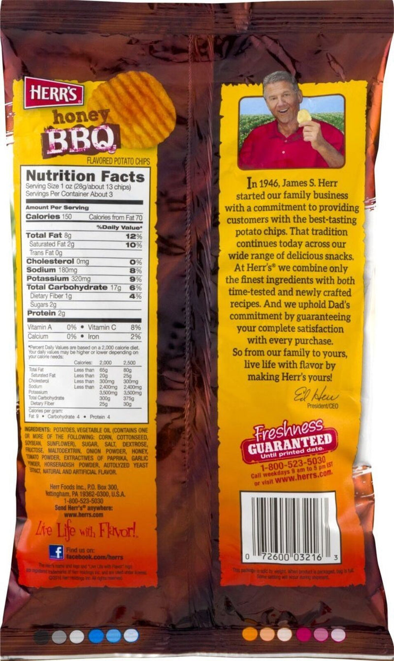 Herr's Honey BBQ Ripple Potato Chips- 2.75 oz. Bag (8 Bags)