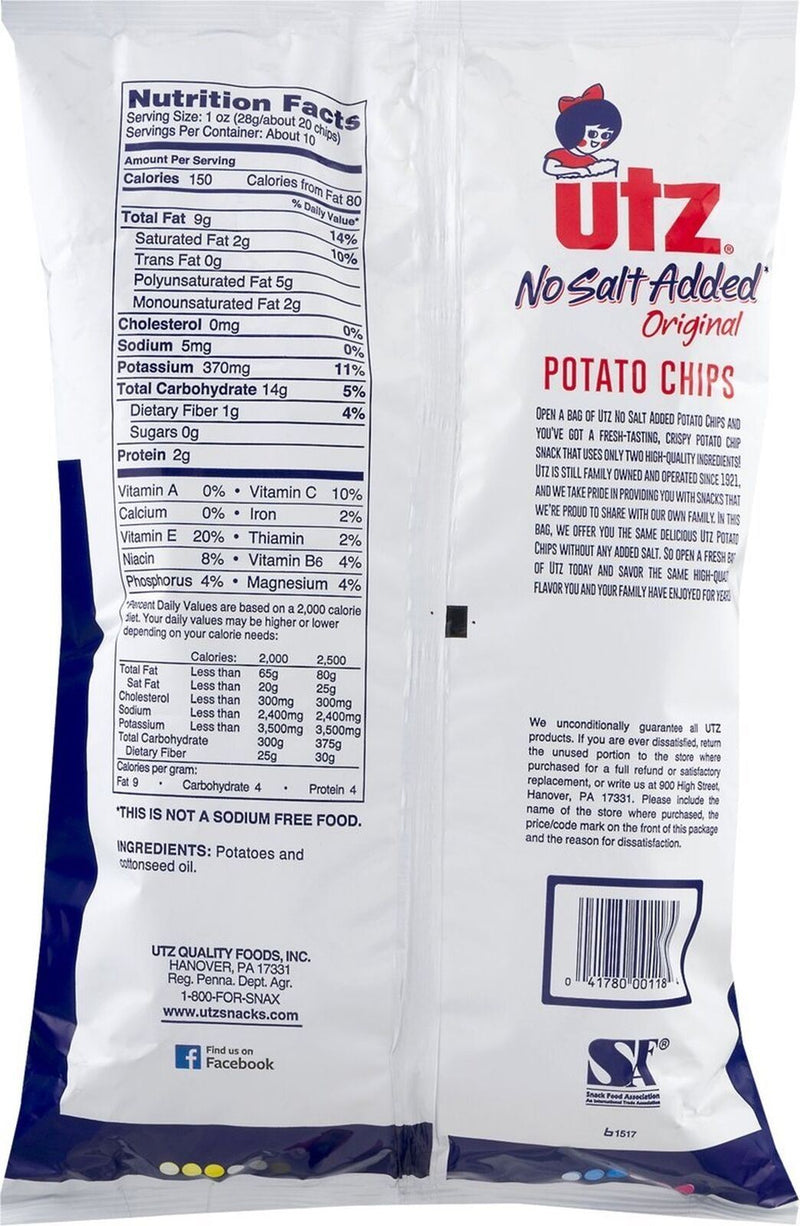Utz Quality Foods No Salt Added Original Potato Chips, 3-Pack Family Size Bags