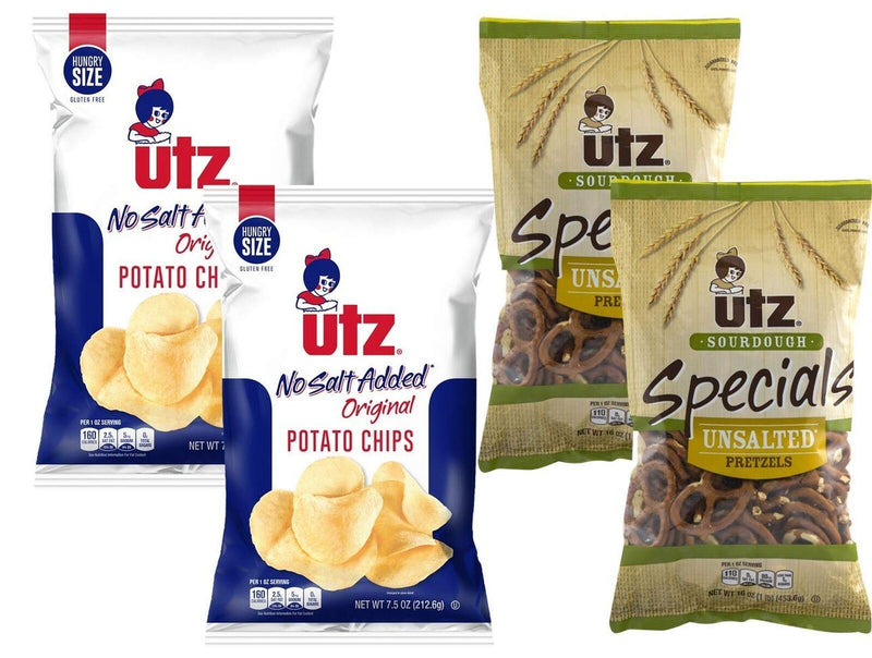 Utz Quality Foods No Salt Potato Chips & Unsalted Sourdough Pretzels Variety 4-Pack