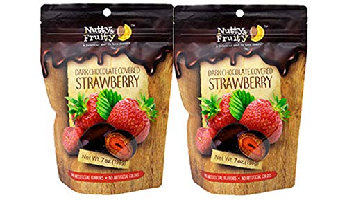 Nutty & Fruity Dark Chocolate Covered Fruit: Your Choice of Peach, Strawberry, Banana, Orange, Mango, or Pomegranate- Two Bags (Strawberries)
