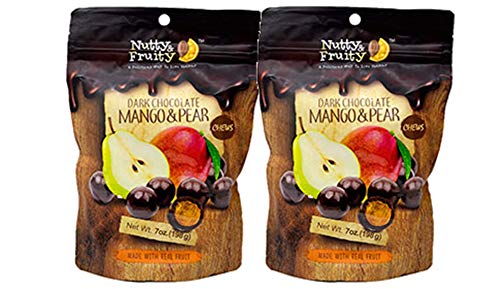 Nutty & Fruity Dark Chocolate Covered Fruit: Your Choice of Peach, Strawberry, Banana, Orange, Mango, or Pomegranate- Two Bags (Mango & Pear Chews)