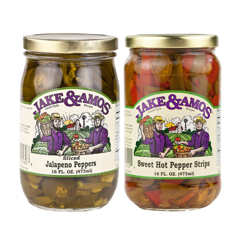 Jake & Amos Pickled Peppers Variety Pack 16 oz. Sweet & Hot Pepper Strips, Jalapeño Peppers (1 Jar of Each)