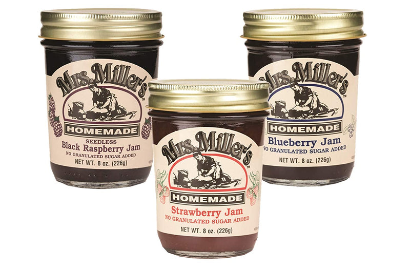 Mrs. Miller's Sugarless Jam Variety Pack: Seedless Black Raspberry, Strawberry, Blueberry (1 Jar Each of 3 Varieties)