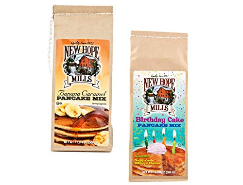 New Hope Mills Banana Caramel or Birthday Cake Pancake Mix- Two 20 oz. Bags (Variety 2-Pack)