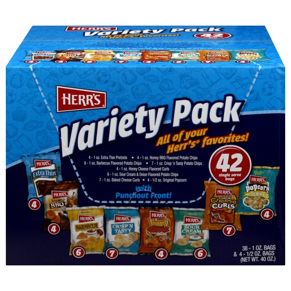 Herr's Snacks Variety Pack, 42 Count Box Individual Single Serve Bags