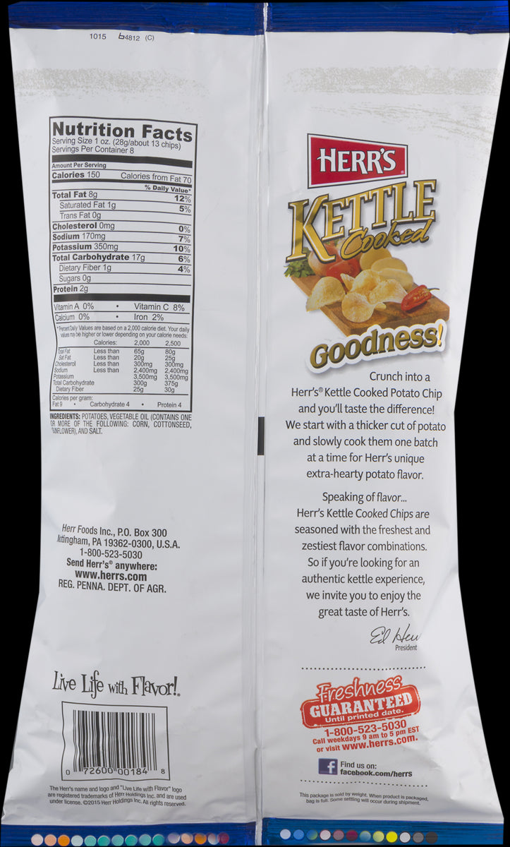 Herr's Kettle Cooked Potato Chips Original - 8 Oz. Bag (4 Bags)