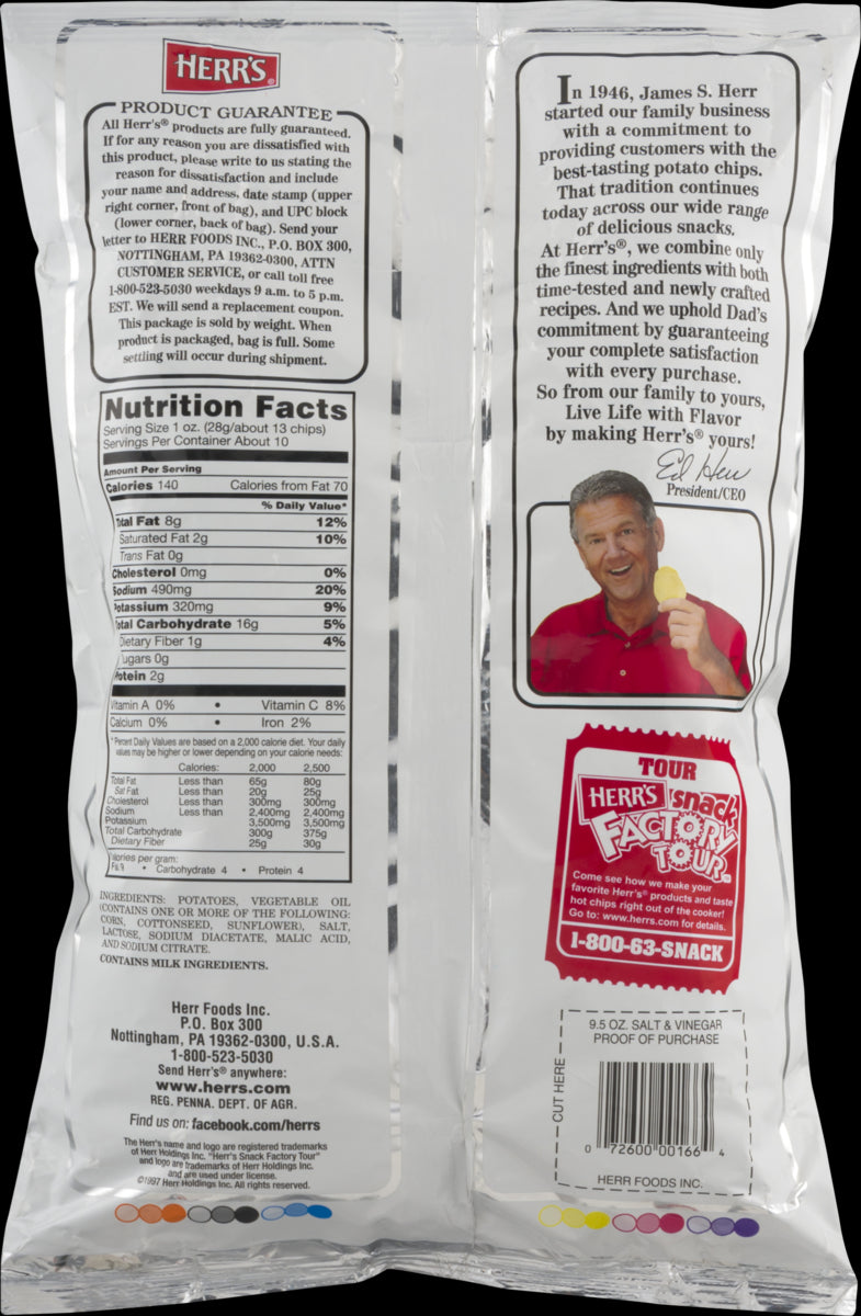 Herr's Salt & Vinegar Potato Chips - 9.5 Oz. Bag (4 Bags)