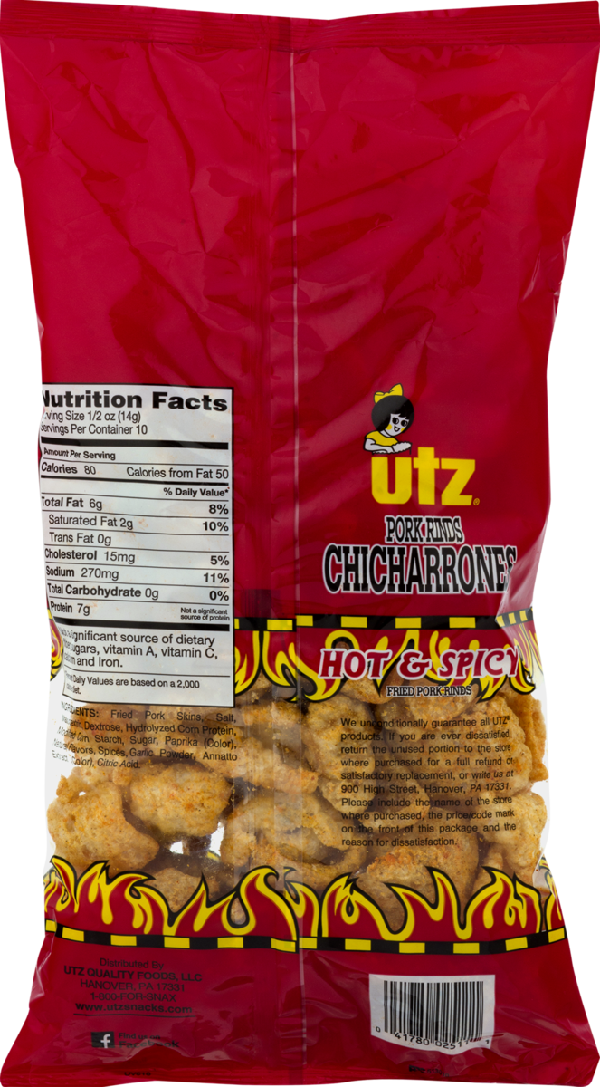 Utz Quality Foods Hot & Spicy Fried Pork Rinds Chicharrones, 6-Pack 5 oz. Bags