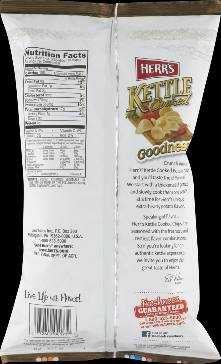 Herr's Kettle Cooked Dark Russet Potato Chips 7.5 oz. (3 Bags)