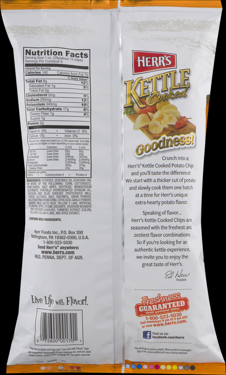 Herr's Kettle Cooked Cheddar Horseradish Potato Chips 7.5 oz. (3 Bags)