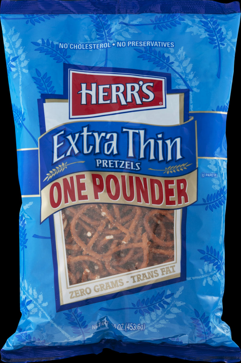 Herr's Extra Thin One Pounder Pretzels- No Cholesterol, No Preservatives- 4 Bags