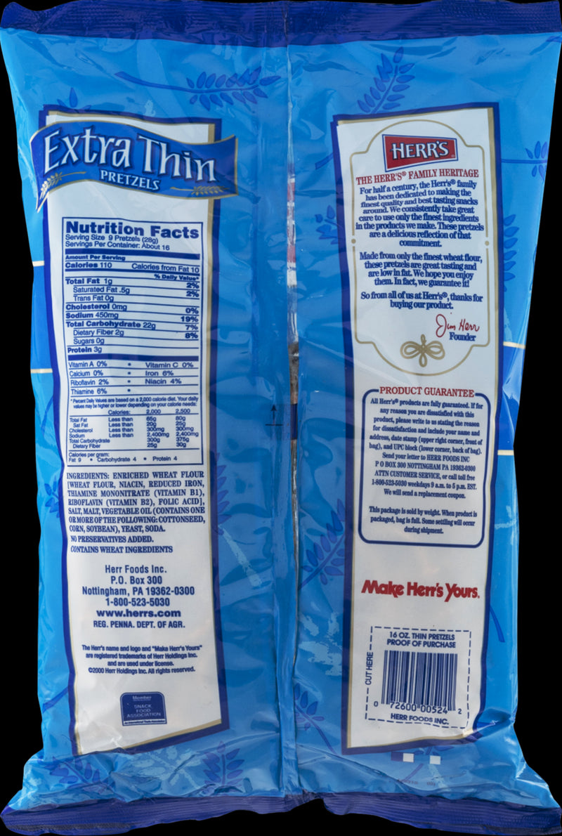 Herr's Extra Thin One Pounder Pretzels- No Cholesterol, No Preservatives- 3 Bags