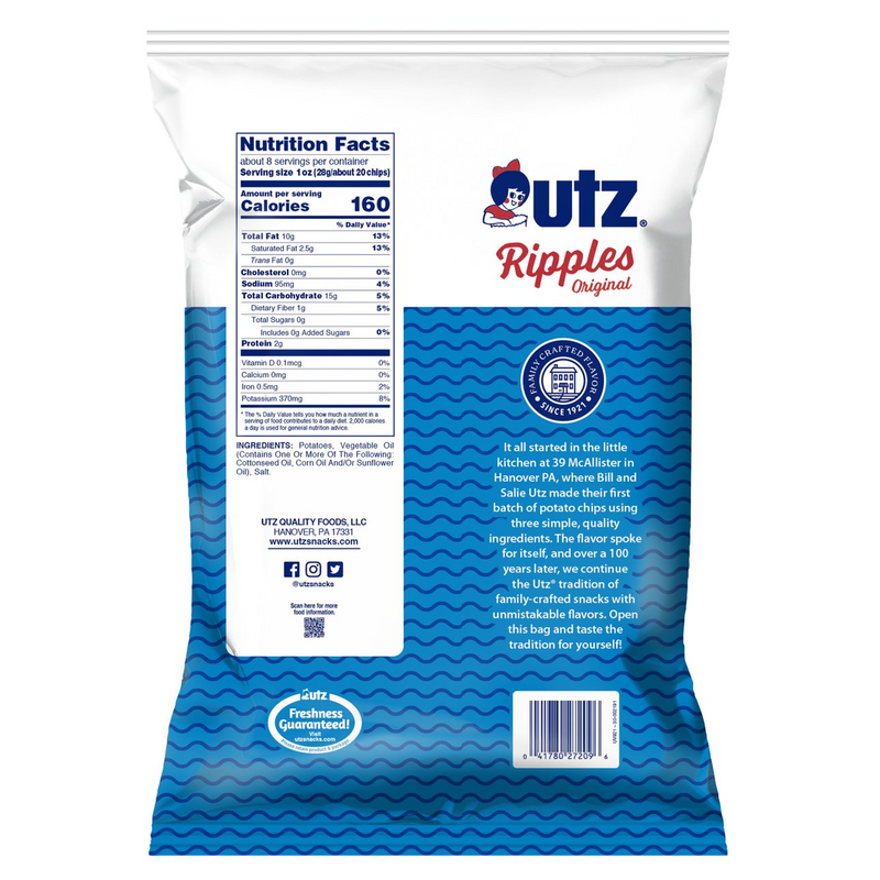 Utz Quality Foods Original Ripples Potato Chips, 7.75 oz. Family Size Bags