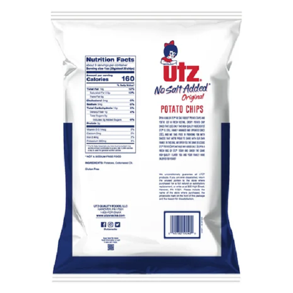 Utz Quality Foods No Salt Added Original Potato Chips, 4-Pack Family Size Bag