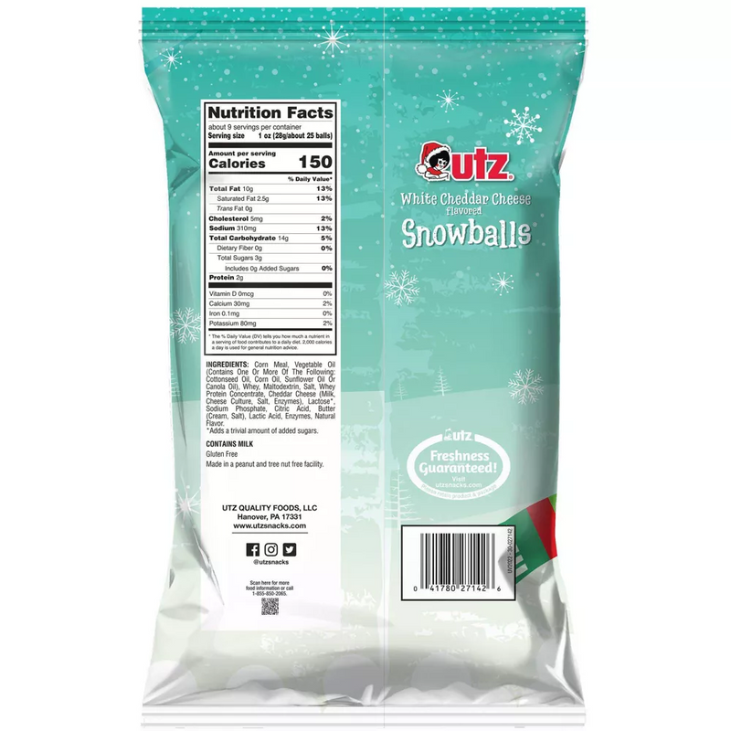 Utz Snow Balls White Cheddar Cheese Balls, 4-Pack 8.5 oz. Bags