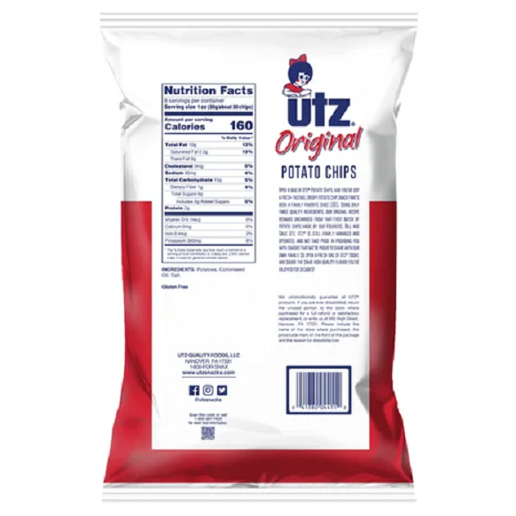Utz Quality Foods Original Potato Chips, 8 oz. Family Size Bags