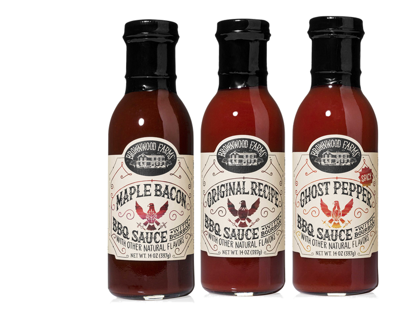 Brownwood Farms BBQ Sauce: Original, Maple Bacon & Ghost Pepper Variety 3-Pack 14 oz. Bottles