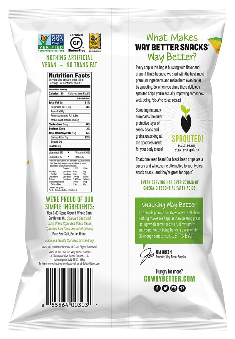 Way Better Snacks Sprouted Gluten Free Tortilla Chips, Black Bean, 5.5 oz. Bags