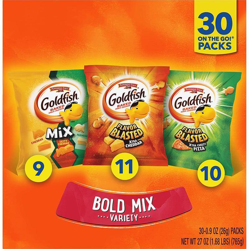 Pepperidge Farm Goldfish Bold Mix Crackers Cheesy Mix, Flavor Blasted Xtra Cheddar & Flavor Blasted Cheesy Pizza, 30 Count Snack Pack