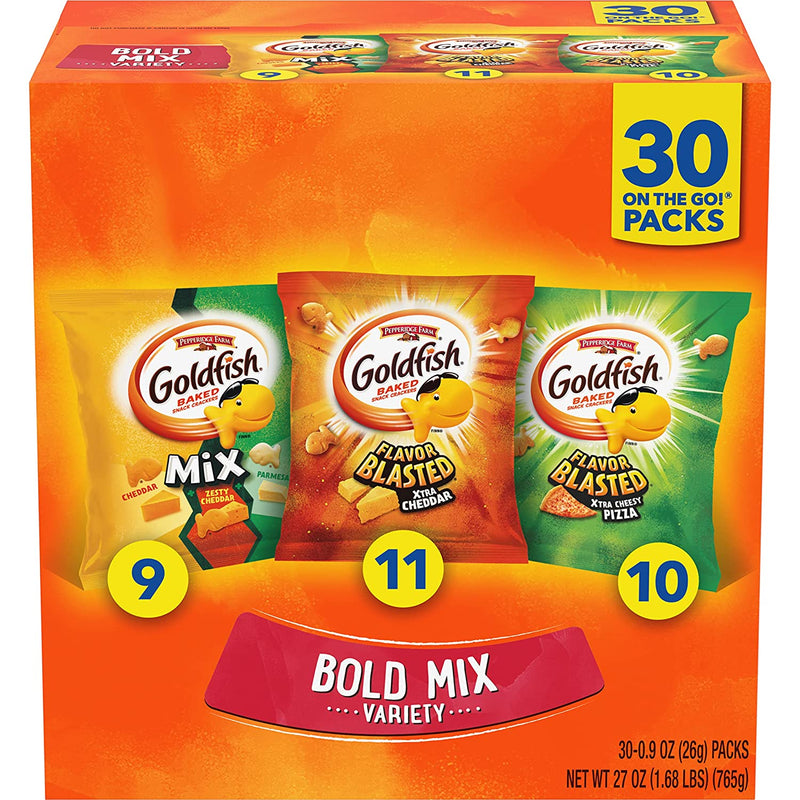 Pepperidge Farm Goldfish Bold Mix Crackers Cheesy Mix, Flavor Blasted Xtra Cheddar & Flavor Blasted Cheesy Pizza, 30 Count Snack Pack