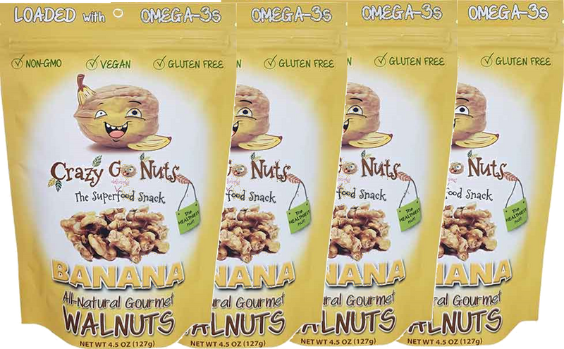 Crazy Go Nuts All-Natural Gourmet Banana Flavored Walnuts, Non-GMO, Vegan and Gluten Free, 4-Pack Bags