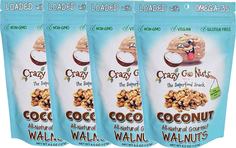 Crazy Go Nuts All-Natural Gourmet Coconut Flavored Walnuts, Non-GMO, Vegan and Gluten Free, 4-Pack Bags