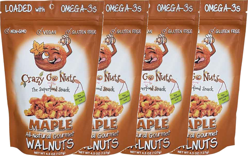 Crazy Go Nuts All-Natural Gourmet Maple Flavored Walnuts, Non-GMO, Vegan and Gluten Free, 4-Pack Bags