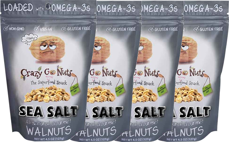 Crazy Go Nuts All-Natural Gourmet Sea Salt Walnuts, Non-GMO, Vegan and Gluten Free, 4-Pack Bags
