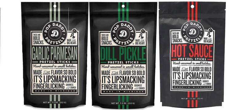 Pop Daddy Garlic Parmesan, Dill Pickle & Hot Sauce Flavored Pretzel Sticks, Variety 3-Pack