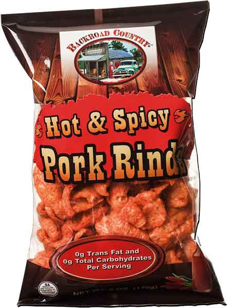 Backroad Country Hot & Spicy Fried Pork Rinds (Chicharrones), 12-Pack Case 6 oz. Bags