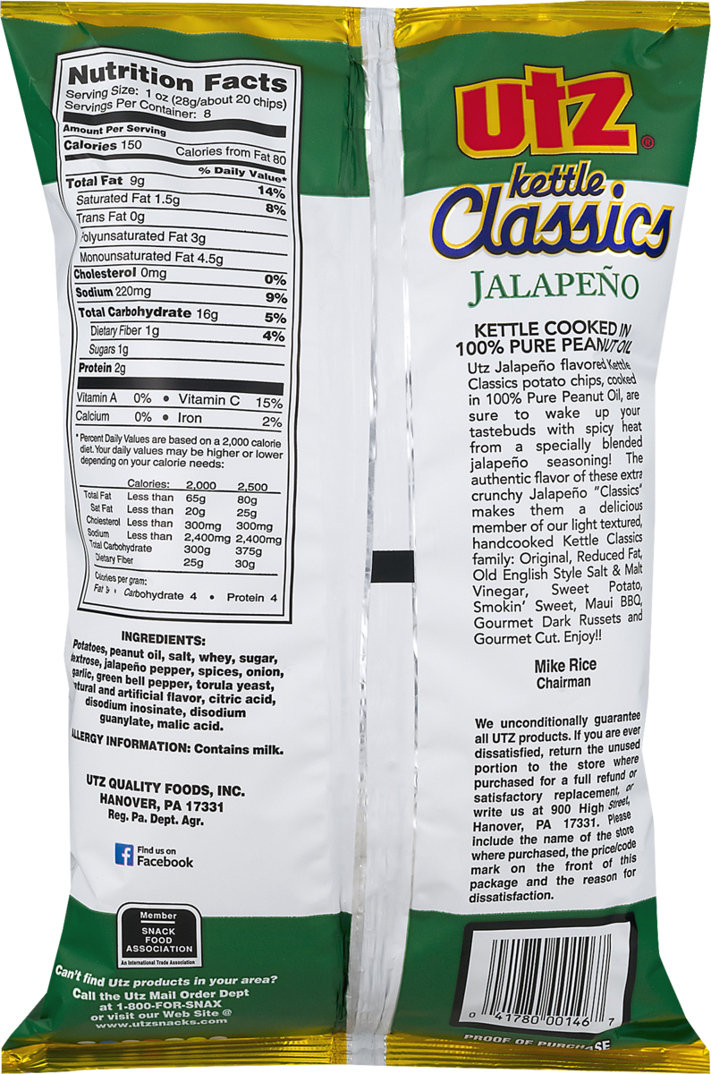 Utz Kettle Classics Jalapeno Crunchy Potato Chips, 4-Pack 8 oz. Bags