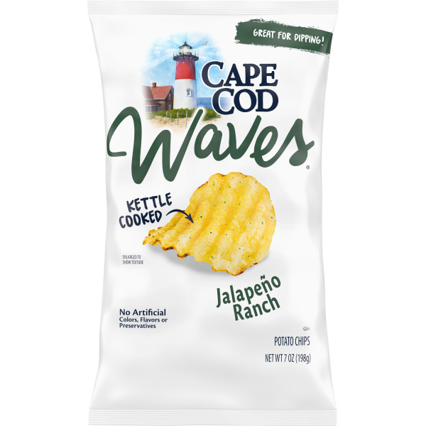 Cape Cod Waves Kettle Cooked Jalapeno Ranch Potato Chips, All Natural, 4-Pack 7 oz. Bags