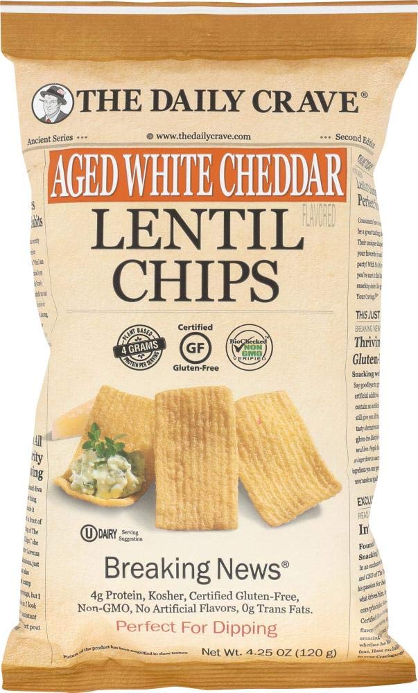 The Daily Crave Aged White Cheddar Lentil Chips, 4g Protein, Gluten-Free, Non-Gmo, 4-Pack 4.25 oz. Bags