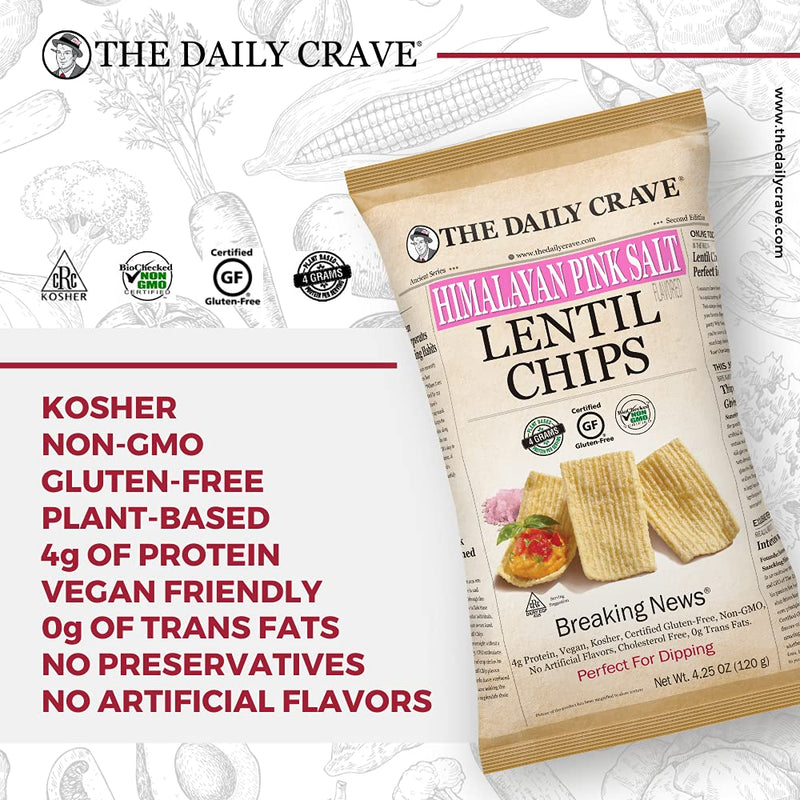 The Daily Crave Himalayan Pink Salt Lentil Chips, 4g Protein, Gluten-Free, Non-Gmo, 4-Pack 4.25 oz. Bags