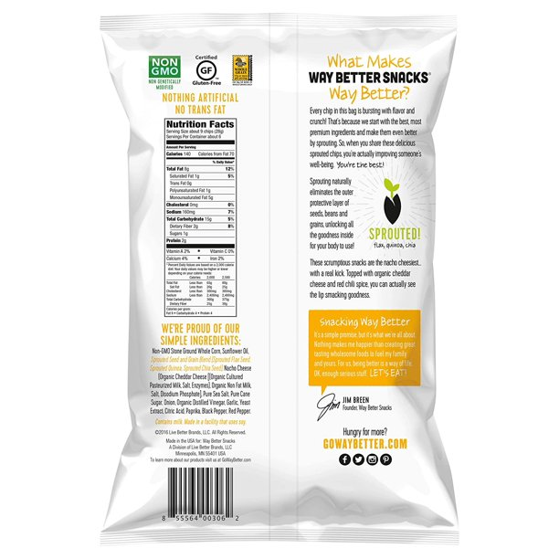 Way Better Snacks Sprouted Gluten Free Tortilla Chips, Nacho Cheese, 12-Pack 5.5 oz. Bags