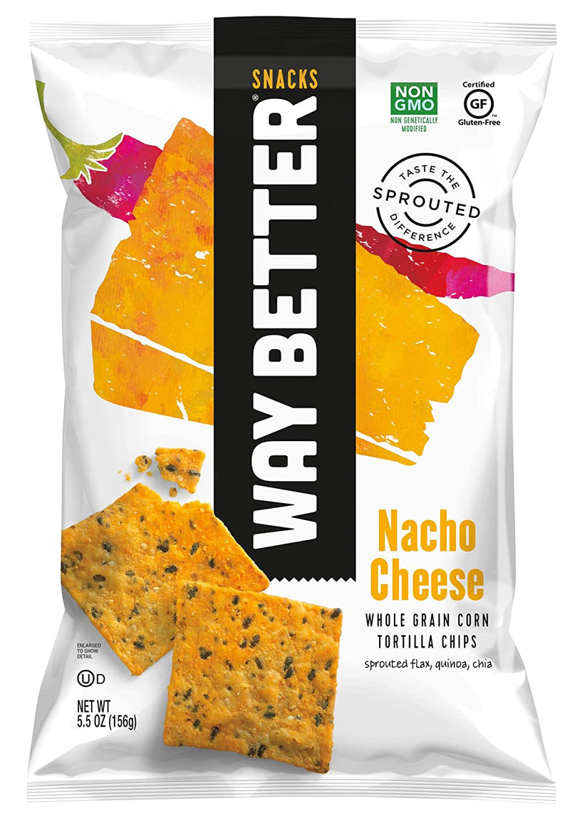Way Better Snacks Sprouted Gluten Free Tortilla Chips, Nacho Cheese, 12-Pack 5.5 oz. Bags