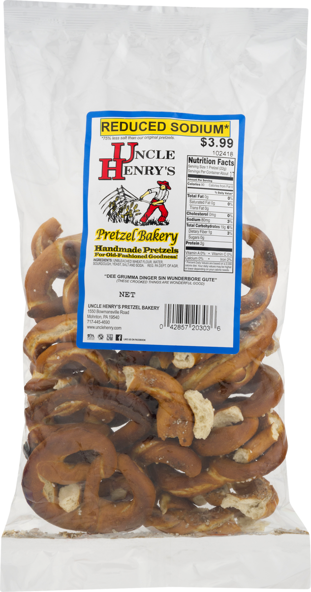 Uncle Henry's Pretzel Bakery Handmade Reduced Sodium Pretzels, 3-Pack 8 oz. Bags