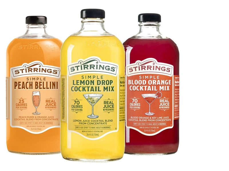 Stirrings Simple Non-Alcoholic Peach Bellini, Lemon Drop & Blood Orange Cocktail Mix, Variety 3-Pack